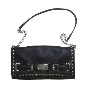 Michael Kors Black Pebbled Leather, Studded, Chain, Flap,Clutch. Silver Hardware